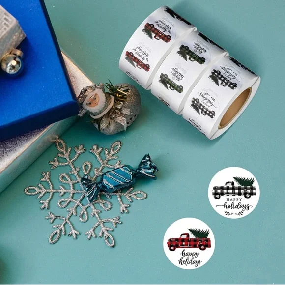 100 Christmas plaid pickup truck/tree stickers - Picture 3 of 6